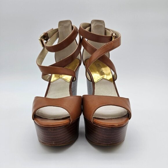 Michael Kors Gabriella Leather Wedge Sandals, Tan brown, Size 5.5 - Picture 9 of 13